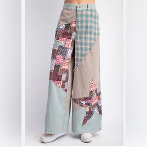 easel Patchwork Straight Leg Jumpsuit Pants in Tan, Light Blue, Pink & Brown